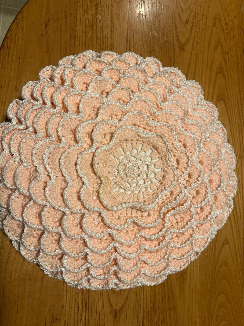 Vintage Handmade Crochet 3D Flower Pillow Round Ruffle Dahlia Peach Pink 16"